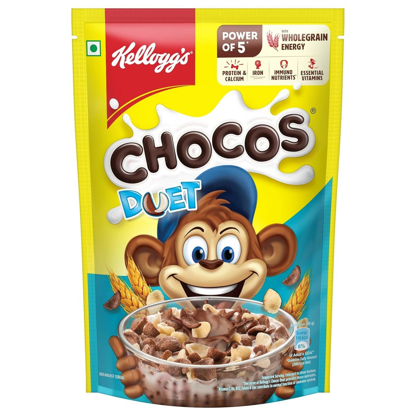 Kellogg's Chocos Duet cereal packaging with a cartoon monkey character on a white background
