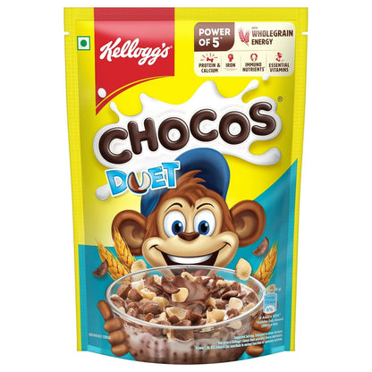 Kellogg's Chocos Duet cereal packaging with a cartoon monkey character on a white background