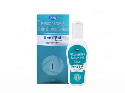 Ketoconazole and salicylic acid lotion packaging with bottle and box on a white background