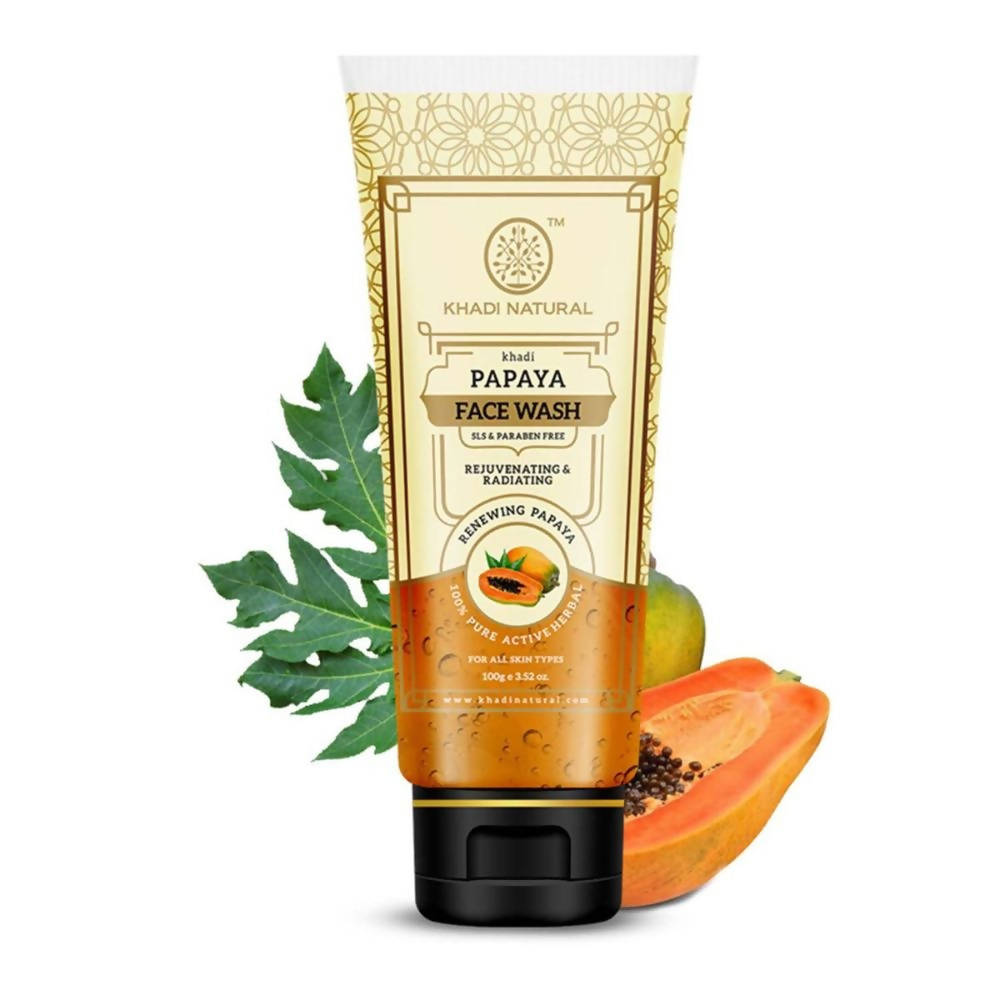 Khadi Natural Papaya Face Wash tube with a papaya and leaf on a white background