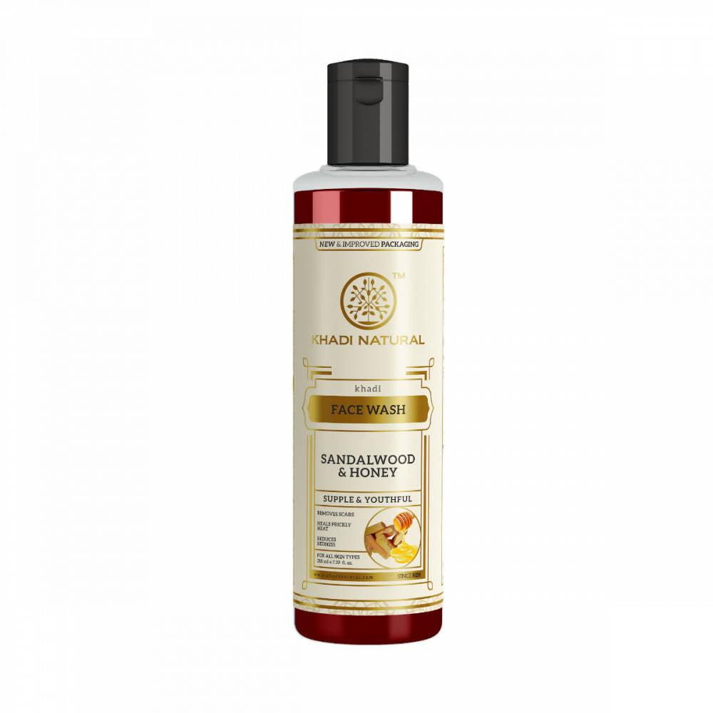 Bottle of Sandalwood & Honey Face Wash by Khadi Natural on a white background