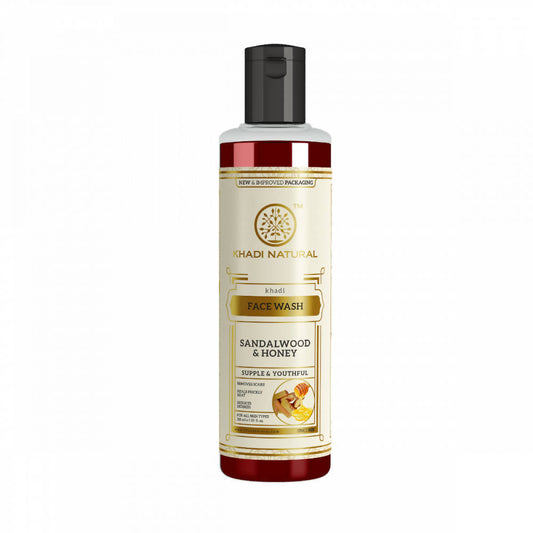 Bottle of Sandalwood & Honey Face Wash by Khadi Natural on a white background