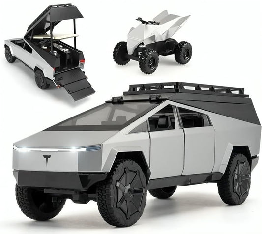 Kiddie Galaxia Tesla Cyber Truck Camping Pickup RV with Motorcycle 1:32 Model Car Alloy Metal Pull Back Die-cast Metal Toy car with Openable Doors & Light Music Gifts Toys Kids【Colors as Per Stock】