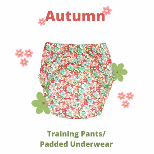 Floral patterned training pants with 'Autumn' text on a white background