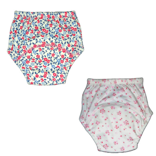 Two floral-patterned baby bloomers on a white background