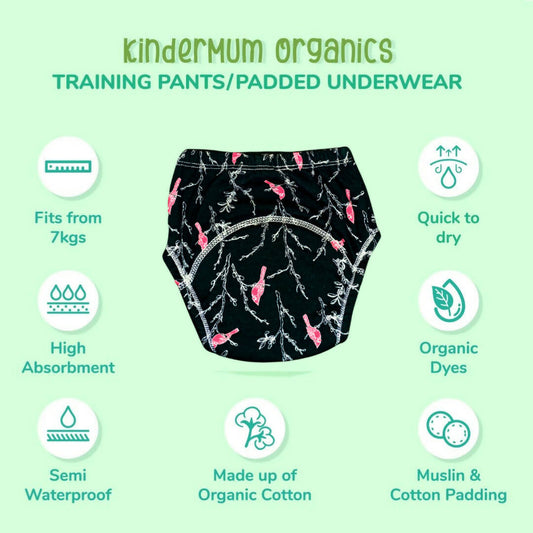 KinderMum Organics training pants/padded underwear with features on a green background