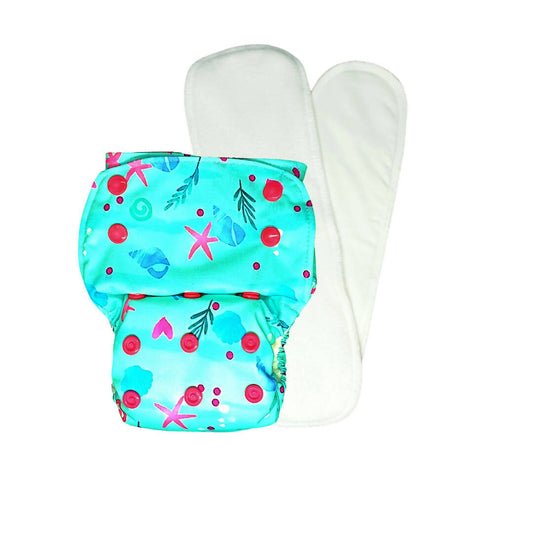 Reusable diaper with a colorful pattern on a white background