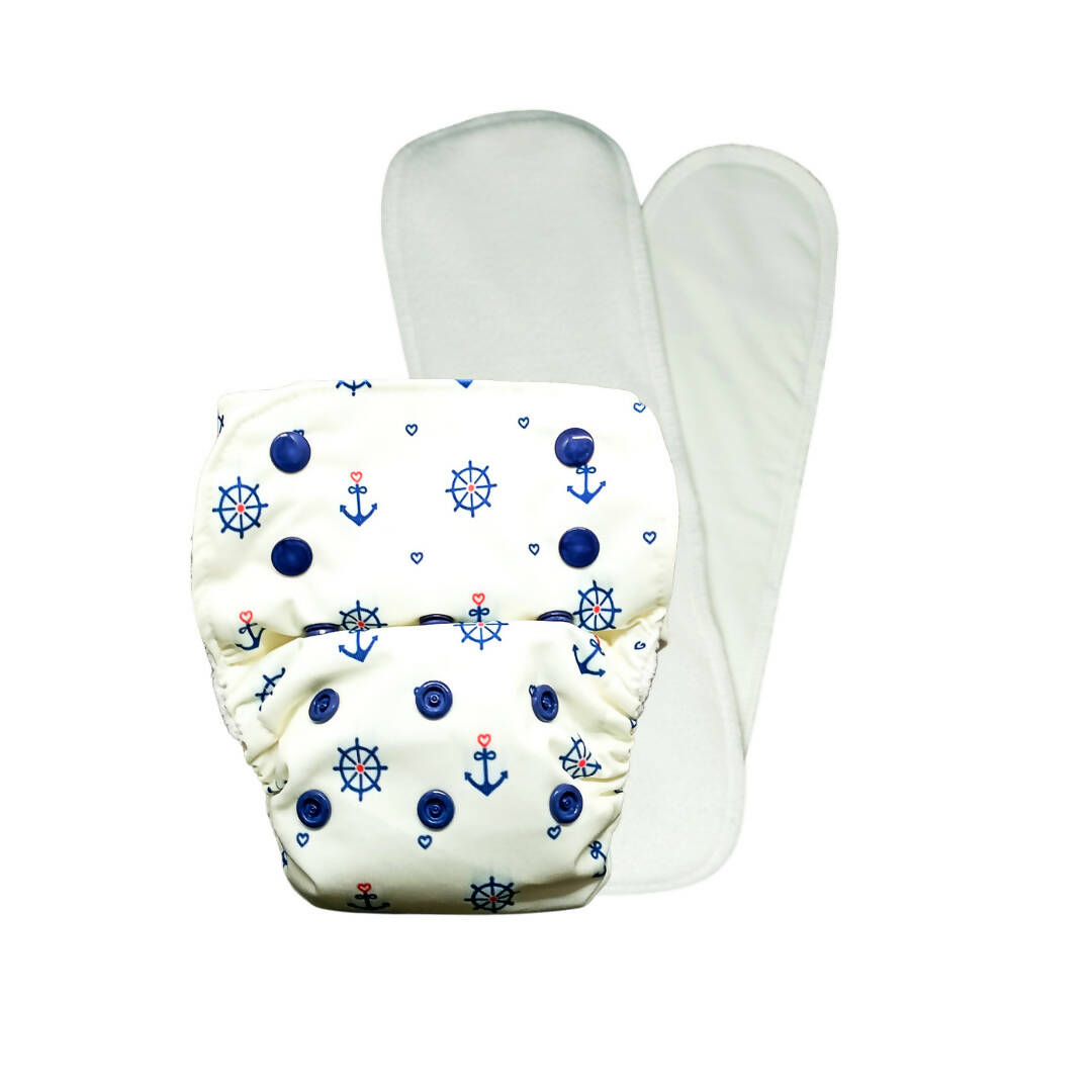White diaper with blue anchor pattern on a white background