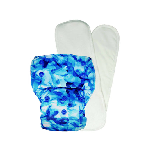 Blue camouflage diaper cover with white pants on a white background