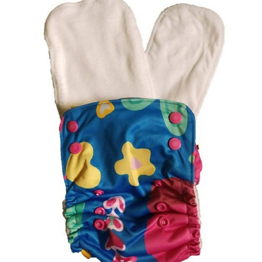 Colorful baby diaper with floral pattern on a white background
