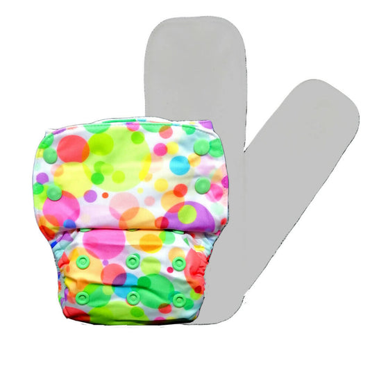 Colorful polka dot diaper on a white background
