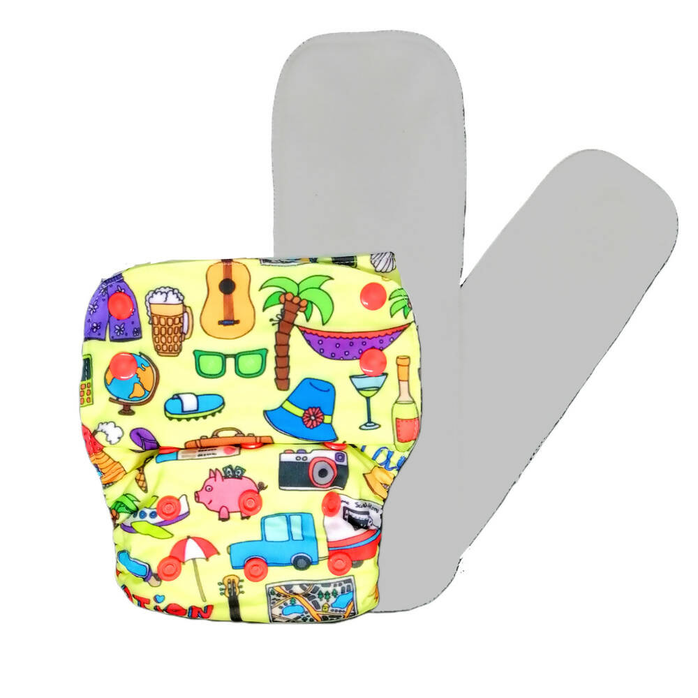 Colorful patterned baby diaper with a gray background