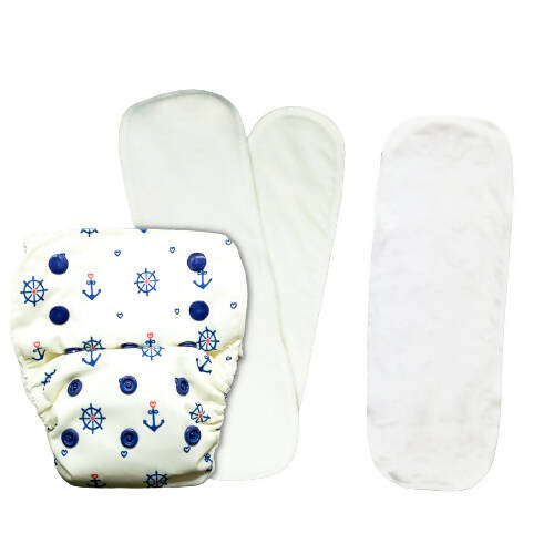 Baby diaper with nautical pattern and additional white diaper on a white background