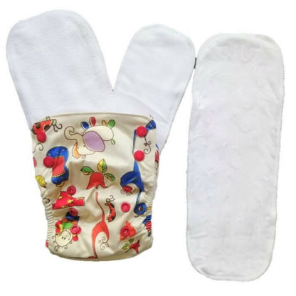 Colorful baby diaper with cartoon design on a white background