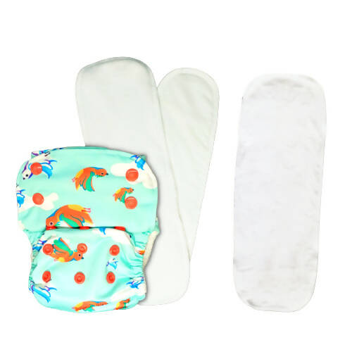 Reusable diaper with colorful fish pattern on a white background