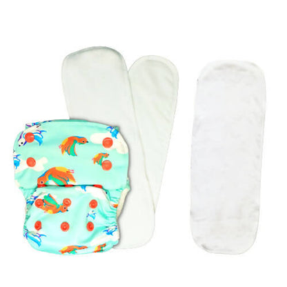 Reusable diaper with colorful fish pattern on a white background