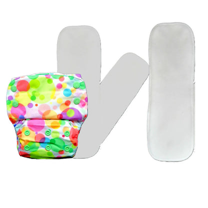 Colorful polka dot diaper with two white covers on a white background