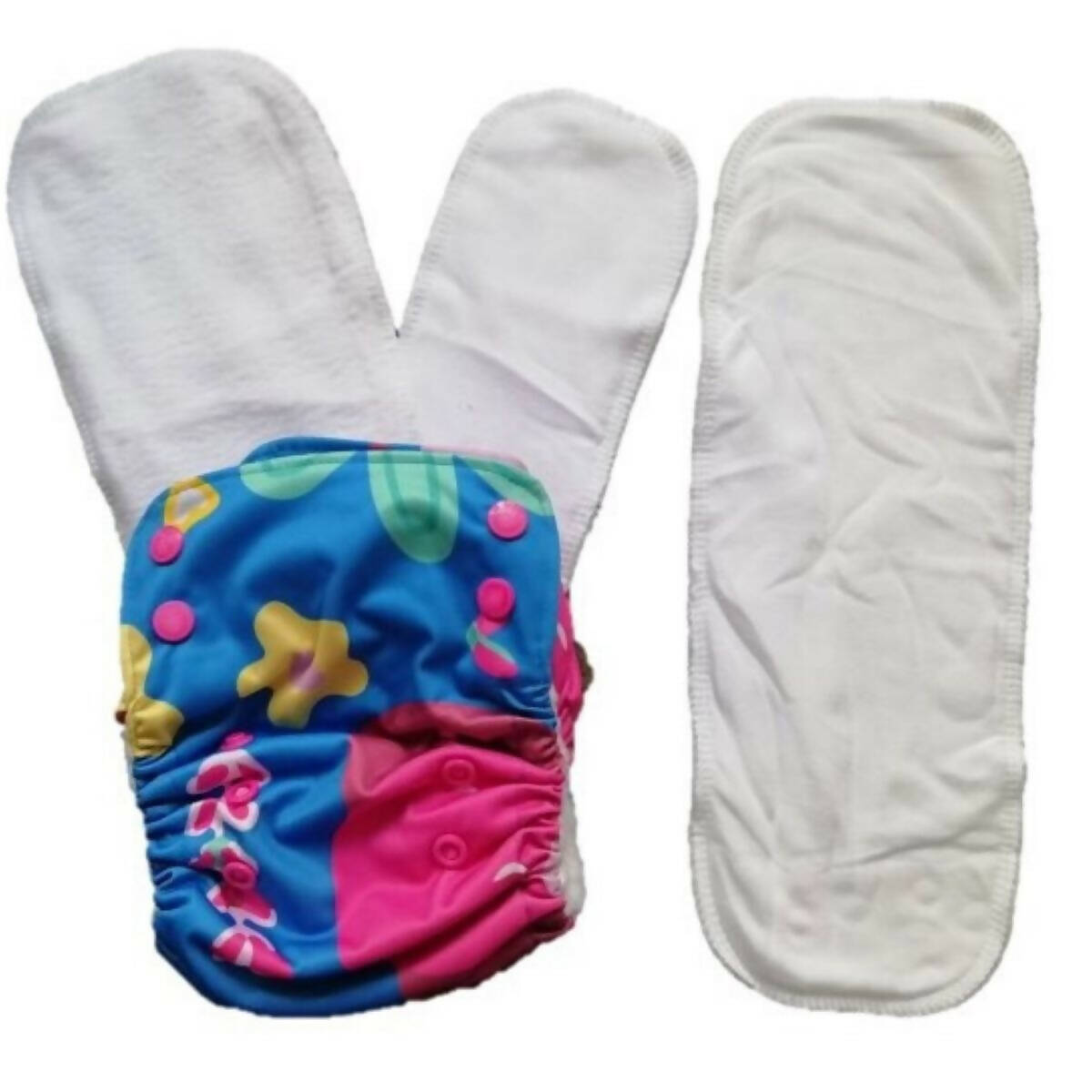 Colorful baby diaper with cartoon design on a white background