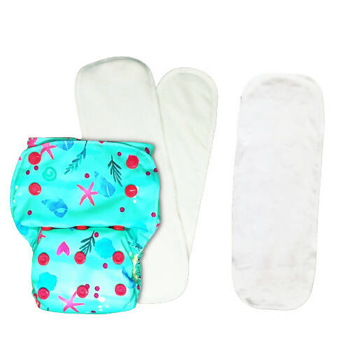 Reusable diaper with a colorful pattern on a white background