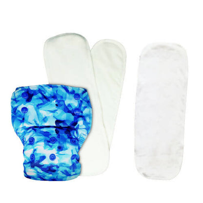 Blue patterned cloth diaper with white covers on a white background