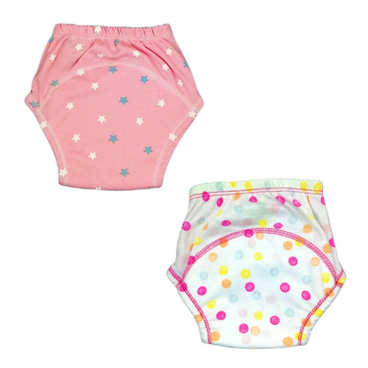Two children's underwear with star and polka dot patterns on a white background