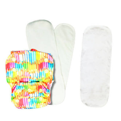 Colorful striped diaper with two white pads on a white background