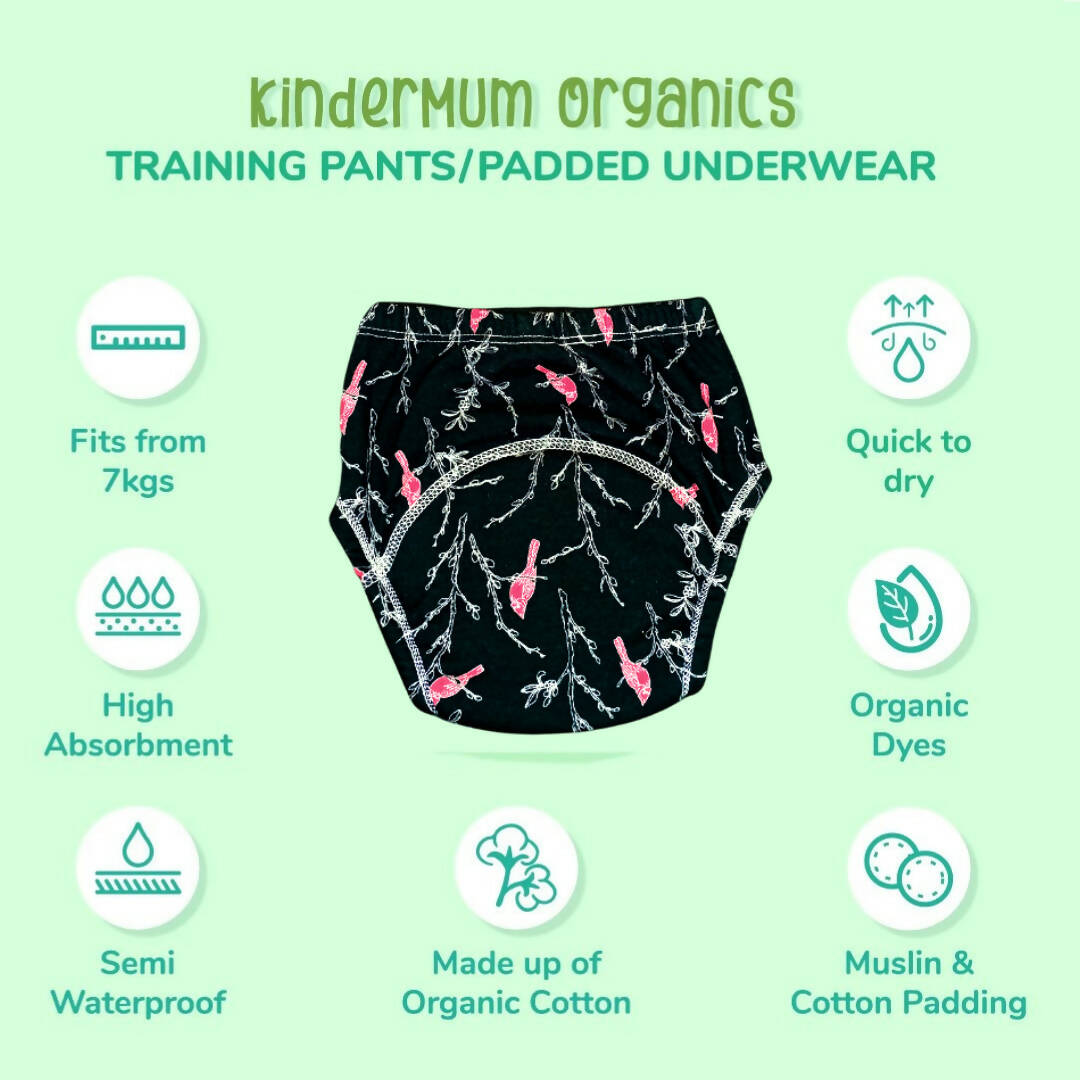 KinderMum Organics training pants/padded underwear with features on a green background