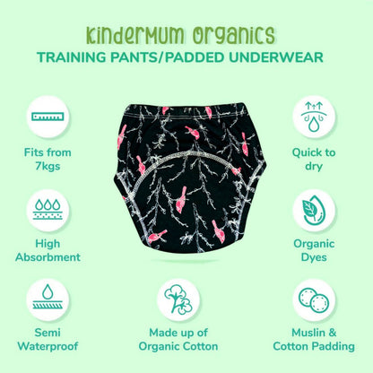 KinderMum Organics training pants/padded underwear with features on a green background