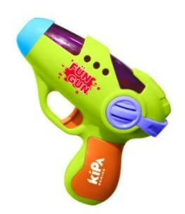 Green and orange water gun with purple accents on a white background