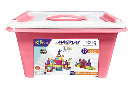 Pink storage box with Magplay toy packaging on a white background