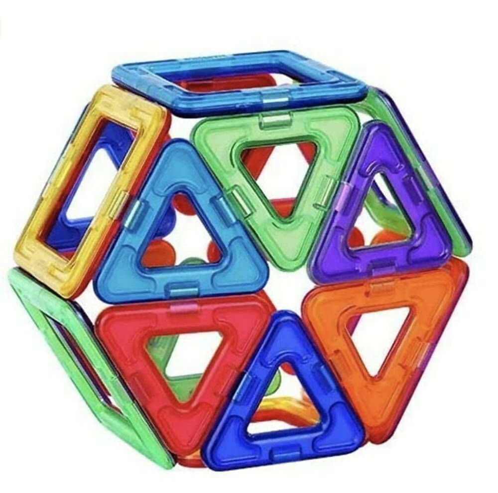 Colorful magnetic building blocks on a white background