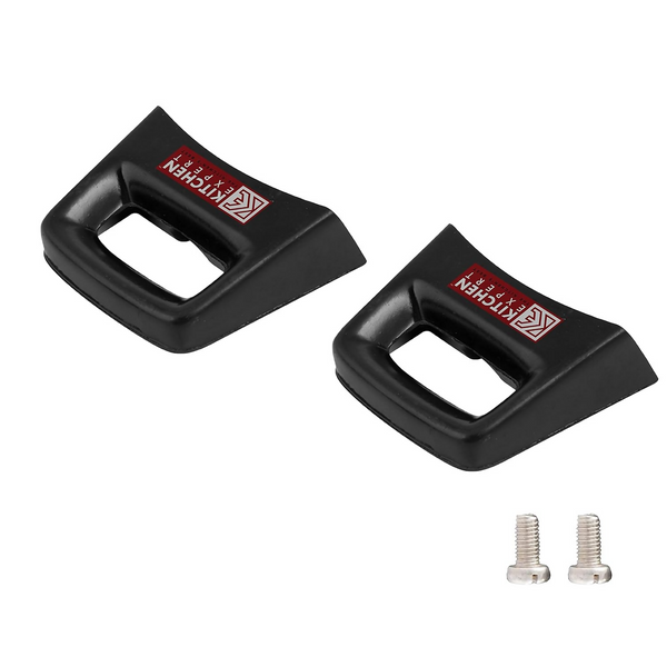 Two black plastic covers with a logo and two screws on a white background