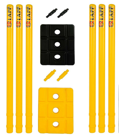 Set of yellow Laffit archery sticks with black and yellow accessories on a white background
