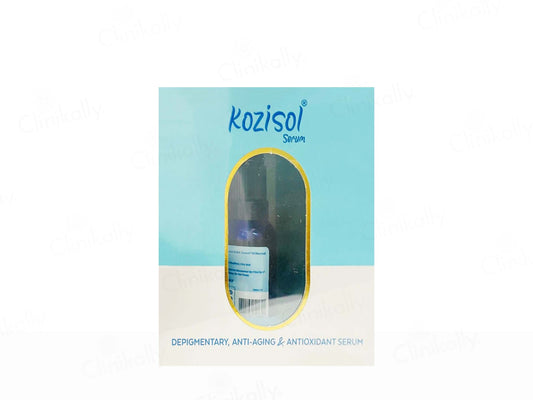 Kozisol serum packaging with a blue and white design on a white background