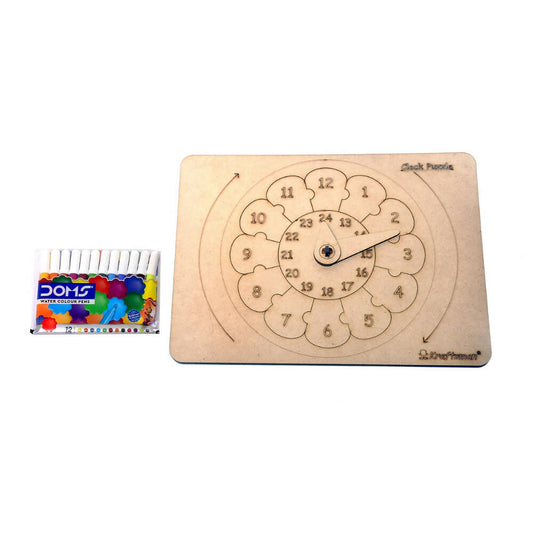 Wooden puzzle with numbers and a container of colorful beads on a white background
