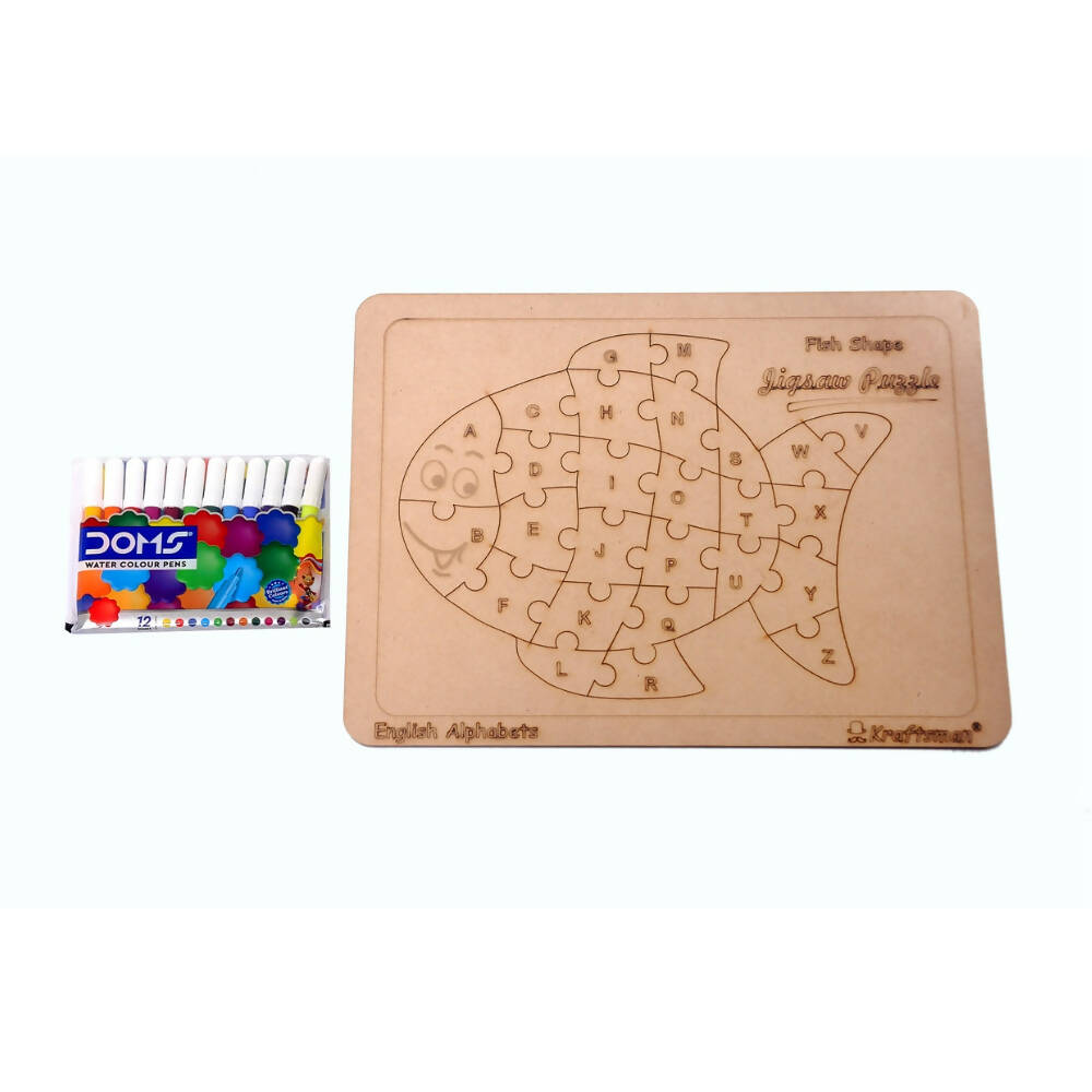 Wooden fish-shaped alphabet puzzle with colorful beads on a white background