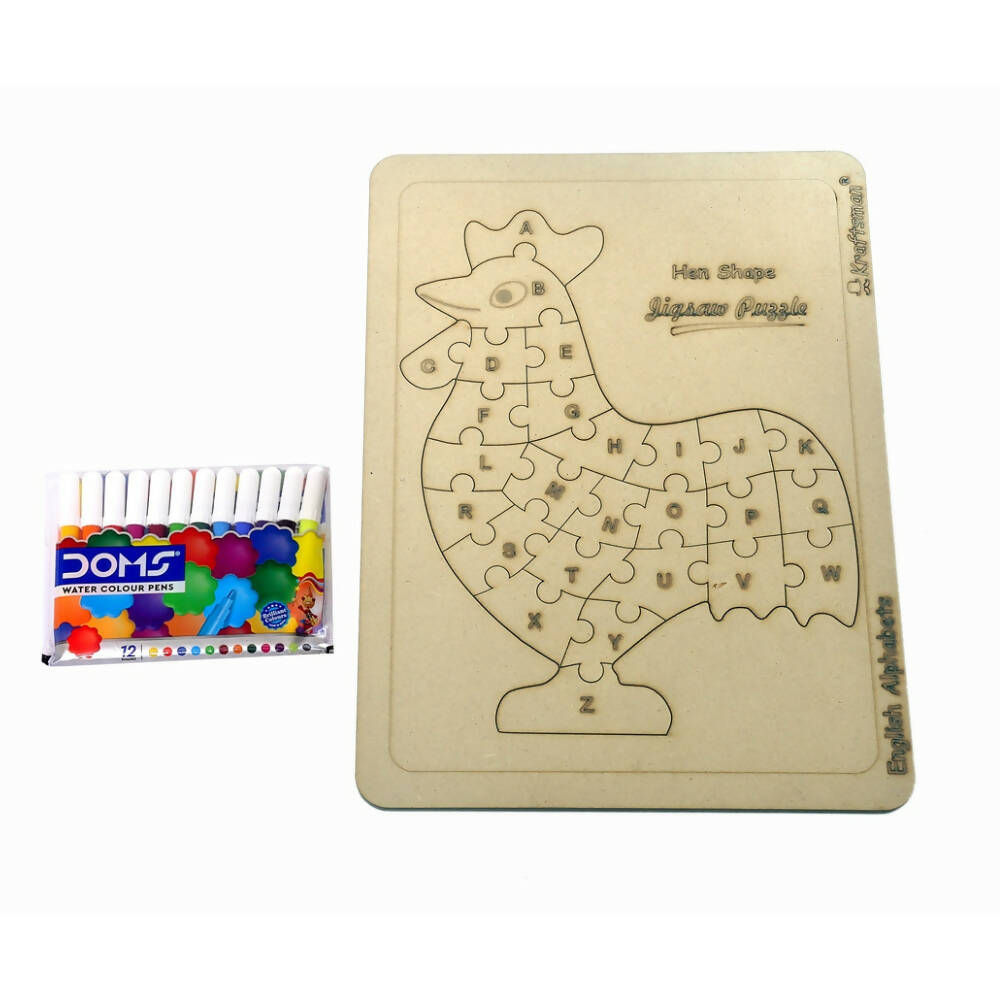 Wooden puzzle shaped like a rooster with letter tracing, next to a container of colorful markers on a white background.