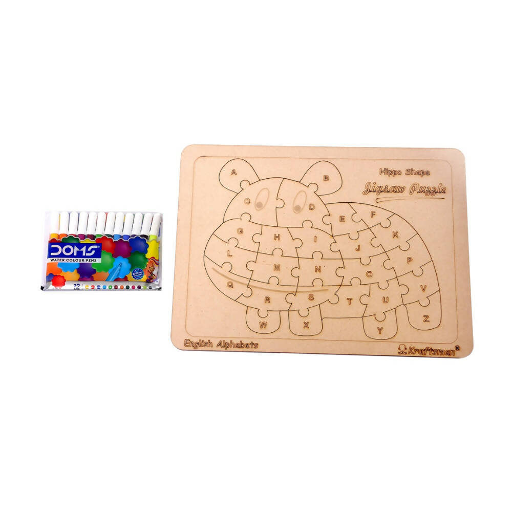Wooden turtle-shaped puzzle with watercolor pencils on a white background