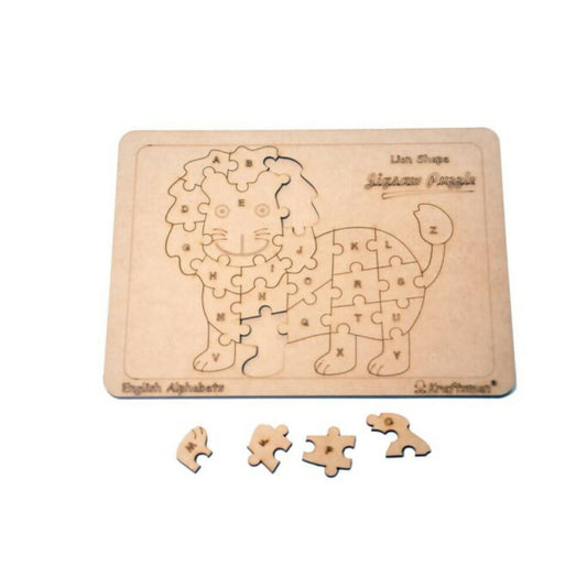 Wooden lion-shaped puzzle with missing pieces on a white background