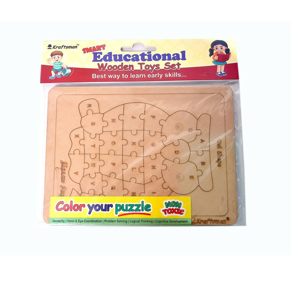 Wooden puzzle toy set with packaging featuring Kraftsman branding on a white background