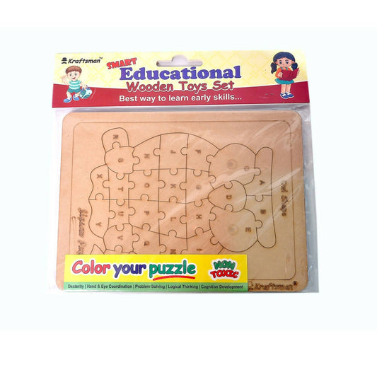 Wooden puzzle toy set with packaging featuring Kraftsman branding on a white background