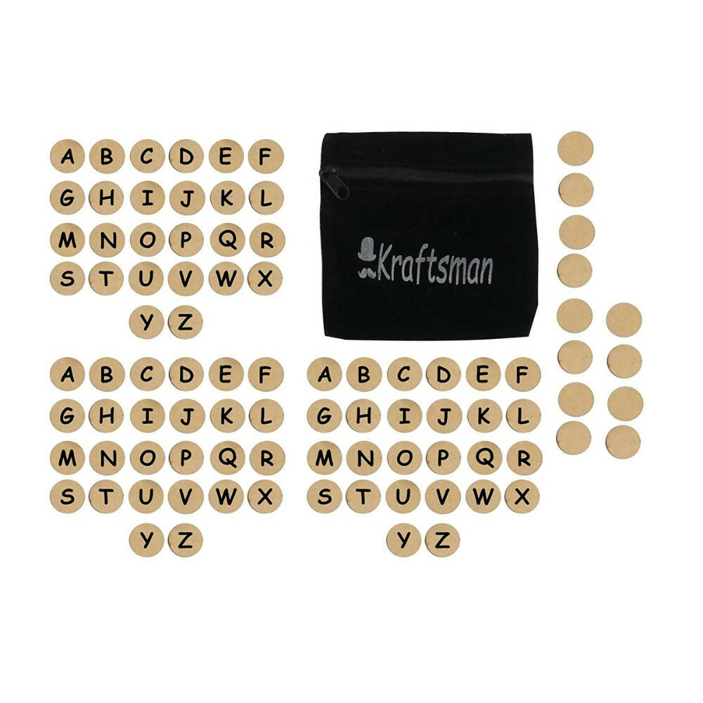 Wooden letter tiles with a black drawstring bag labeled 'Mr. Craftsman' on a white background.