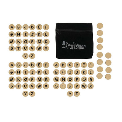 Wooden letter tiles with a black drawstring bag labeled 'Mr. Craftsman' on a white background.