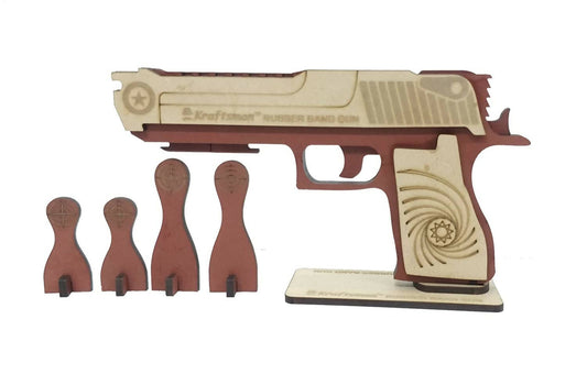 Wooden model gun with interchangeable parts on a white background