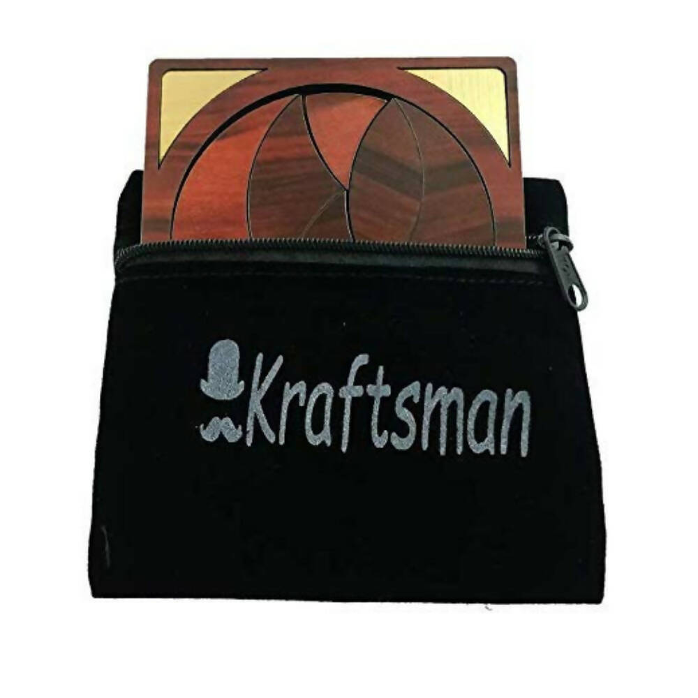 Black pouch with 'Kraftsman' logo containing wooden coasters on a white background