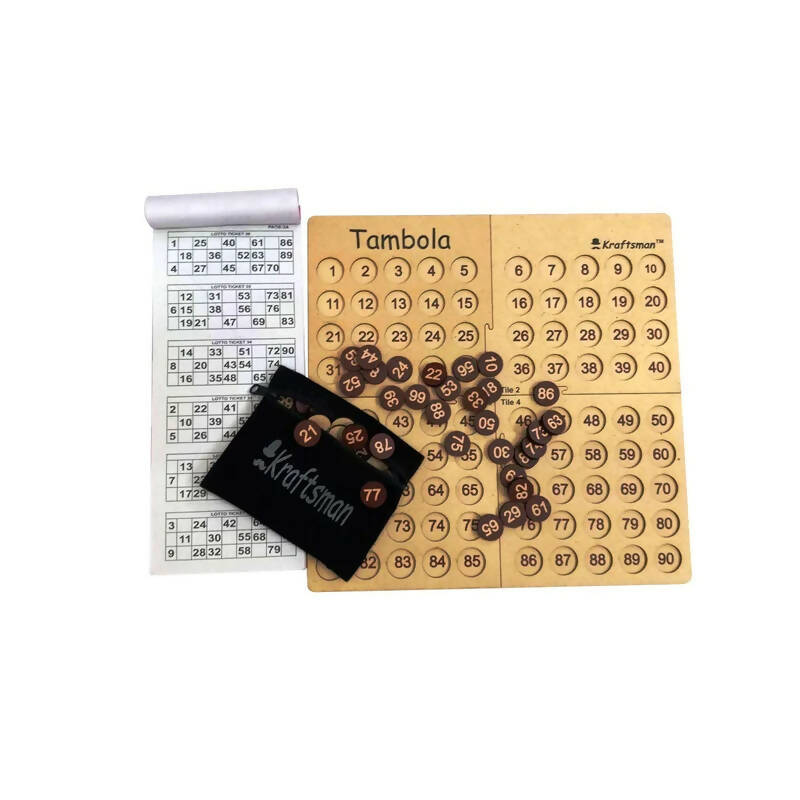 Tambola game set with wooden board, cards, and a bag on a white background