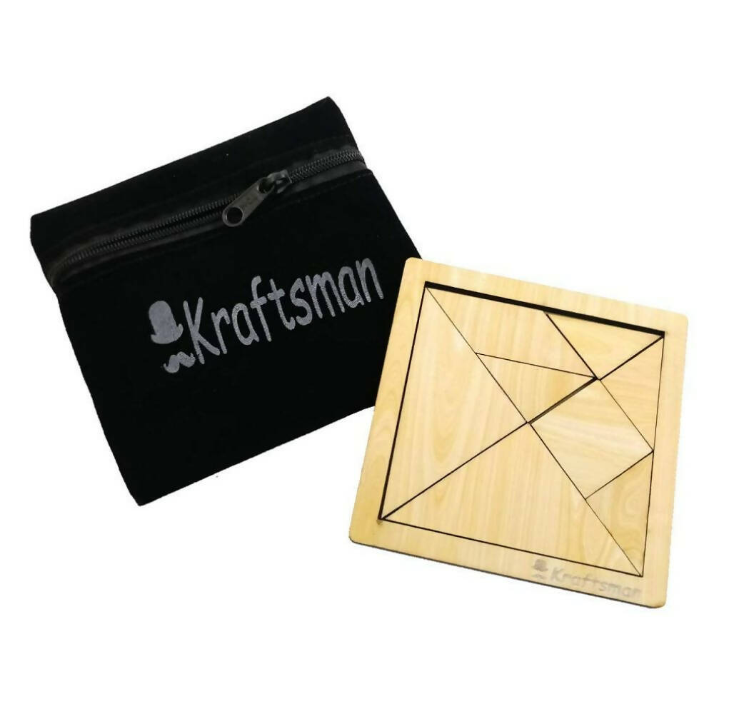 Wooden puzzle with a black zippered pouch labeled 'Kraftsman' on a white background