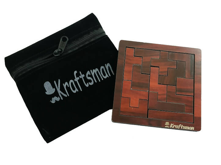 Wooden puzzle with 'Kraftsman' branding next to a black pouch with 'Kraftsman' branding on a white background.