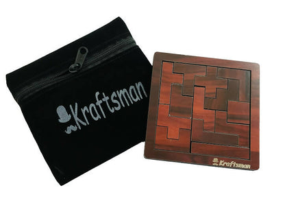 Wooden puzzle with 'Kraftsman' branding next to a black pouch with 'Kraftsman' branding on a white background.