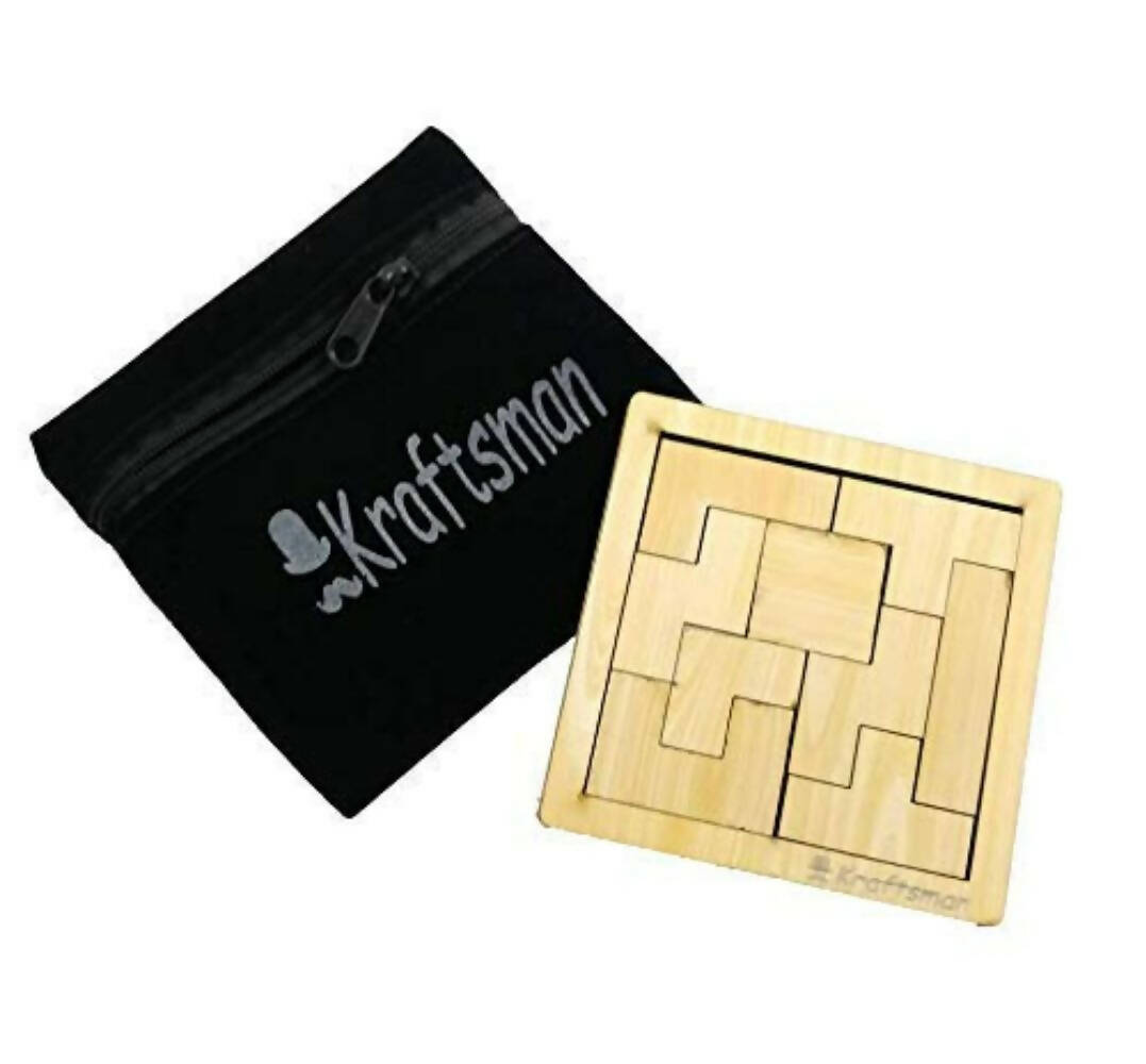 Wooden puzzle with a black zippered pouch labeled 'Kraftsman' on a white background
